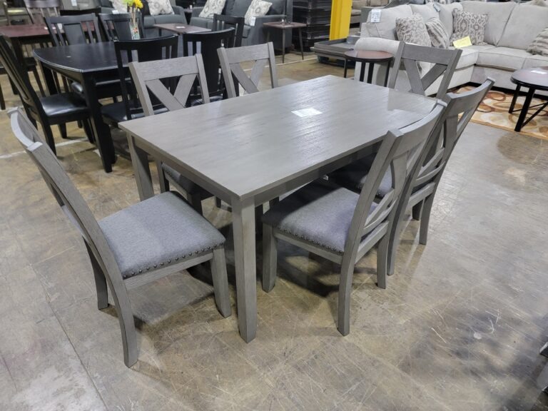 Gray dining table, 6 gray dining chairs whit cushions.